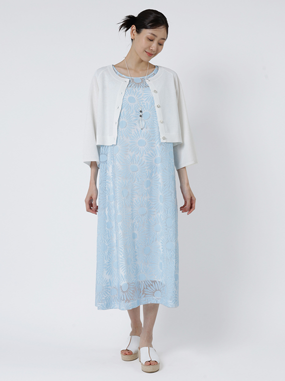 オーガンジー × ストライプ フラワープリント フレンチスリーブ ワンピース