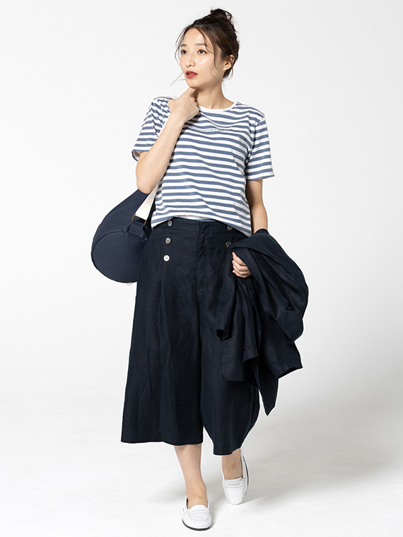 ノルマンディリネン マリン風キュロットパンツ[6分丈]