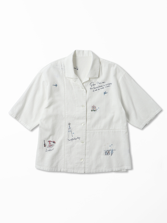 オーガニックコットンムラ糸ダンガリー 刺繍入りハシゴレースオーバーシャツ