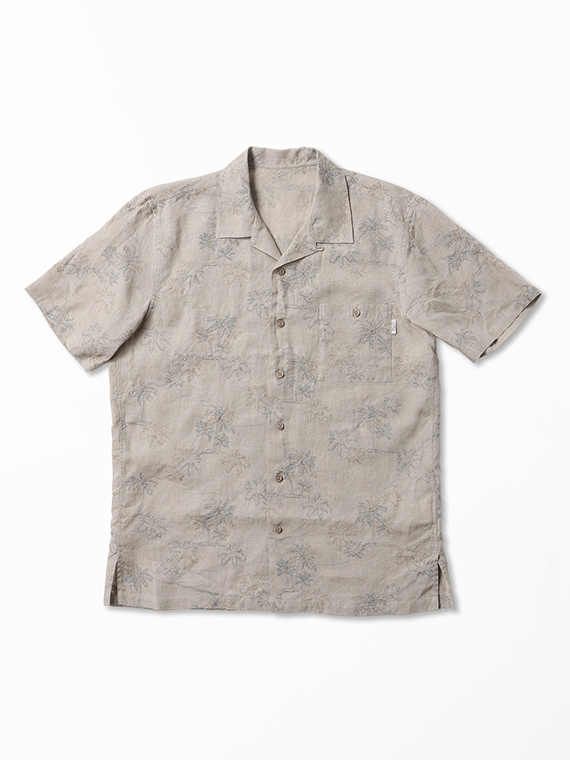 フレンチリネン パームツリー刺繍 開襟半袖シャツ