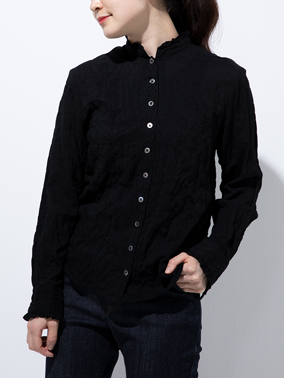 ●定番●綿モダールシャーリング スタンドフリル衿ブラウス