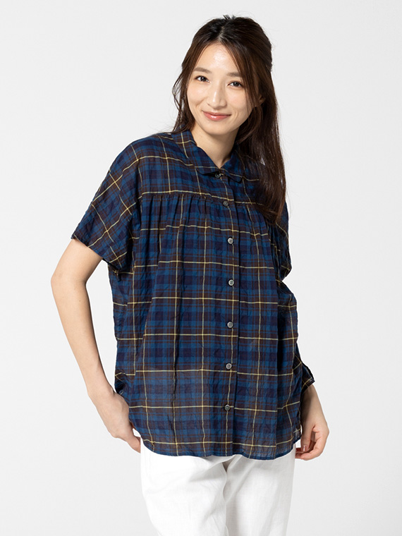 ローンシャーリングチェックワッシャー ドルマン風フレンチスリーブブラウス