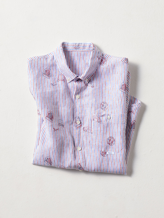 60/1リネンストラップ&チェック刺繍 半袖シャツ