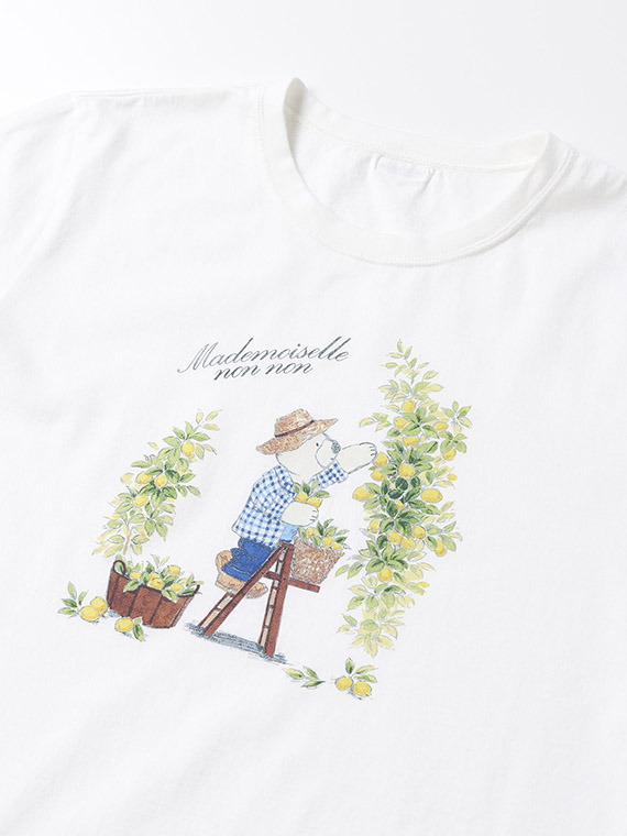 コンパクトヤーンエアロシフォン加工 レモンベアプリントTシャツ