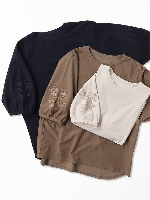 綿麻ハイゲージ 刺繍ワイドスリーブTシャツ