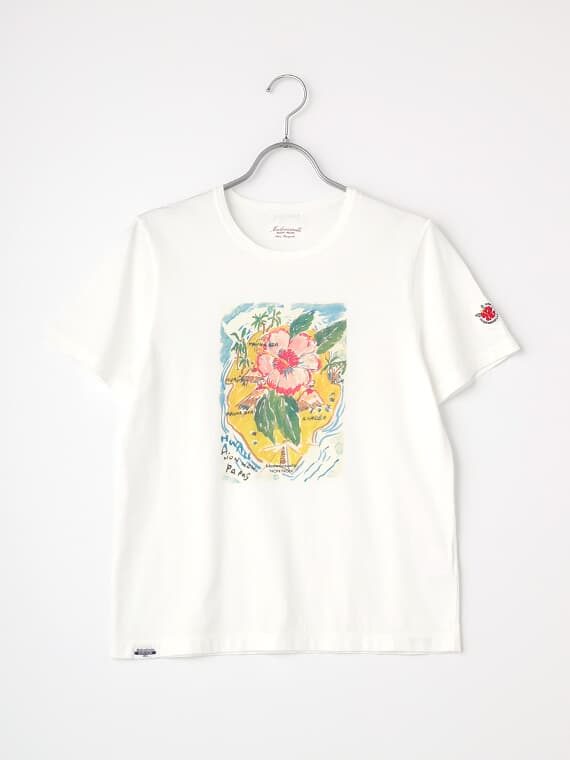 【60th Anniversary Collection】コンパクトヤーン天竺エアロシフォン加工　水彩画Tシャツ【ハイビスカス】