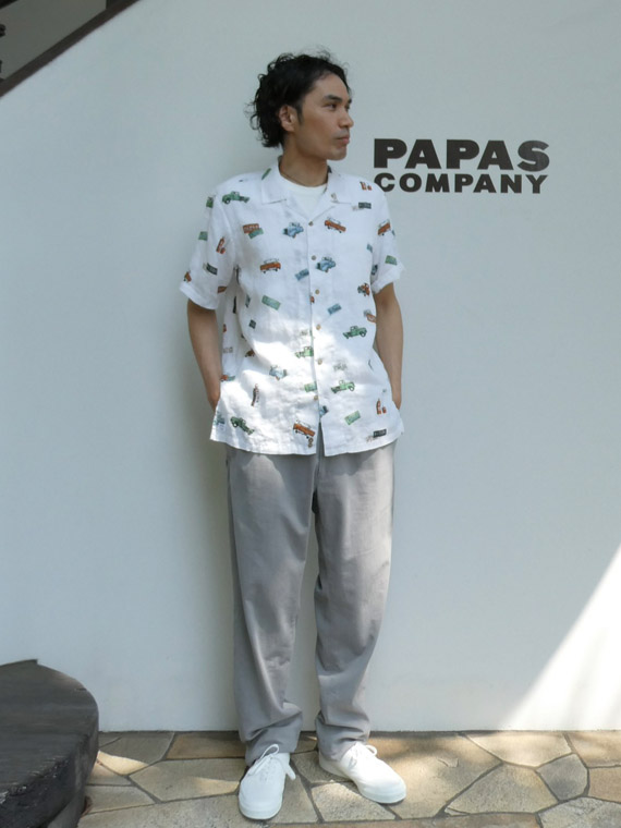 Papas40周年記念 フレンチリネンシャンブレー プリント半袖シャツ（MEN