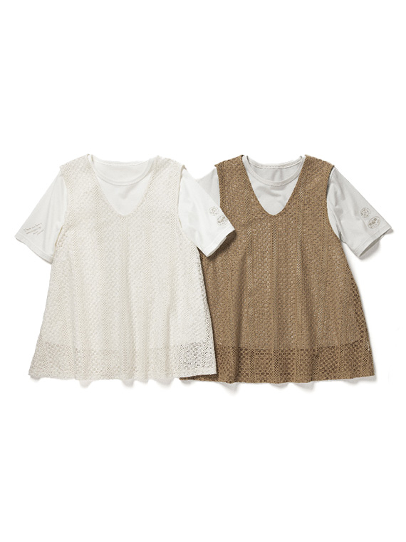 【アンサンブルアイテム】ピクセルラインレースフレアーベスト＆天竺刺繍Tシャツ
