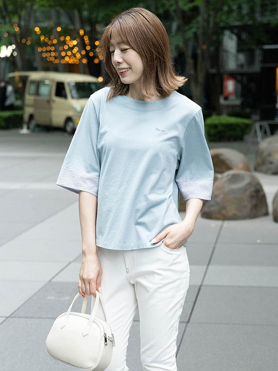 プレミアム天竺 ギンガムチェックスリーブTシャツ