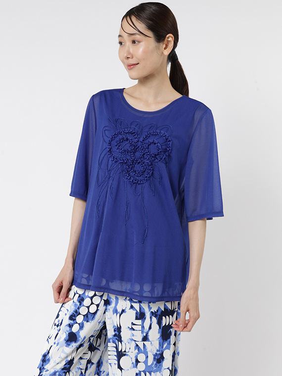 トリコット シフォン ギャザーフラワー 刺繍 Tシャツ