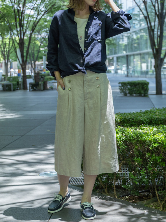 ミナペルホネン　Au Lait キュロットパンツ ノルマンディリネン マリン風キュロットパンツ[6分丈]（WOMEN新着