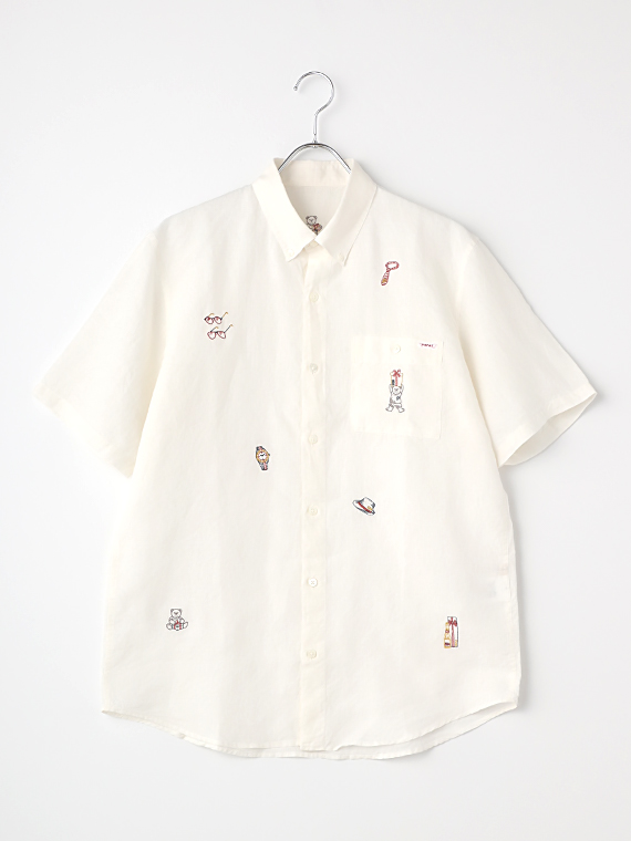 リネン/ラミー平織シャンブレー 刺繍シャツ