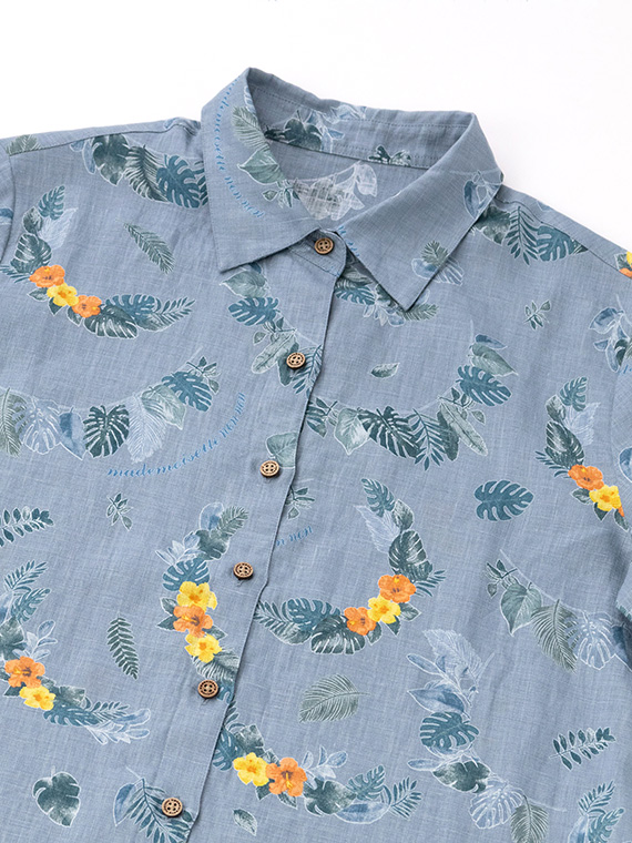 SALE】リネンプリント ボタニカルハーフレイ柄 5分袖シャツ（WOMEN
