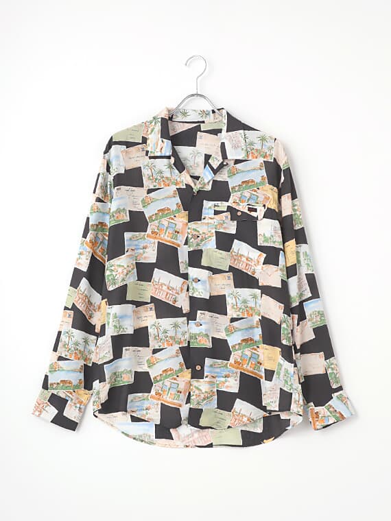 【SALE】レーヨン SUMMER POST CARD柄 プリントシャツ