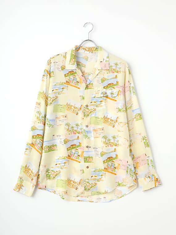 【SALE】レーヨン SUMMER POST CARD柄 プリントシャツ