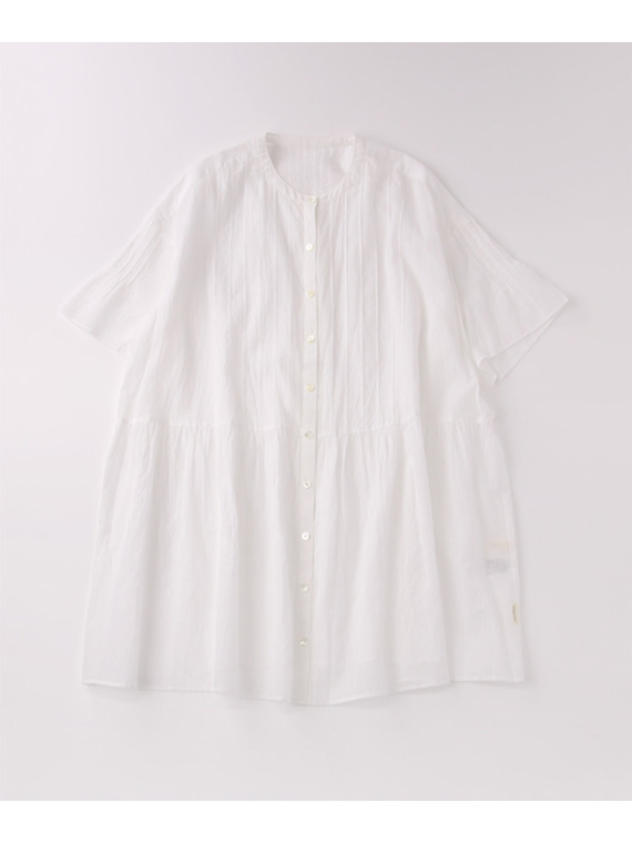 【SALE】コットンローンハンドワッシャー ノーカラービッグシルエットチュニック【6分袖】
