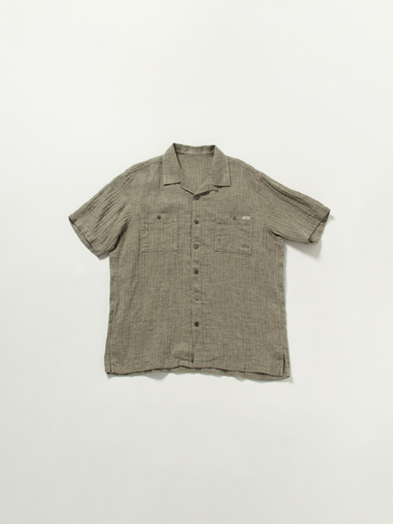 【SALE】リネンヘリンボーンシャンブレー 開衿半袖シャツ