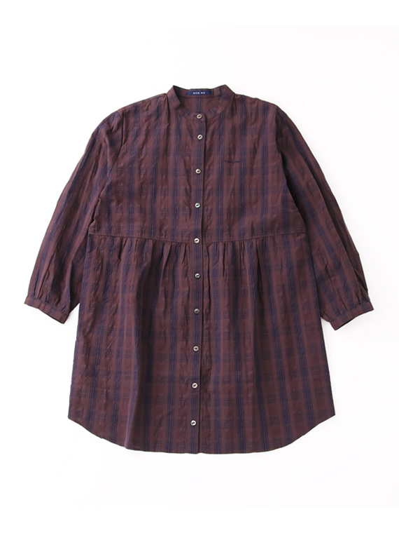【SALE】綿麻サッカー調ソフトワッシャー チェック柄チュニックシャツ