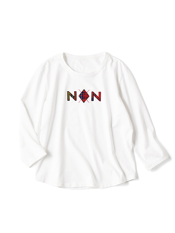 タリイ天竺 チェックアップリケ&刺繍Tシャツ[8分袖]