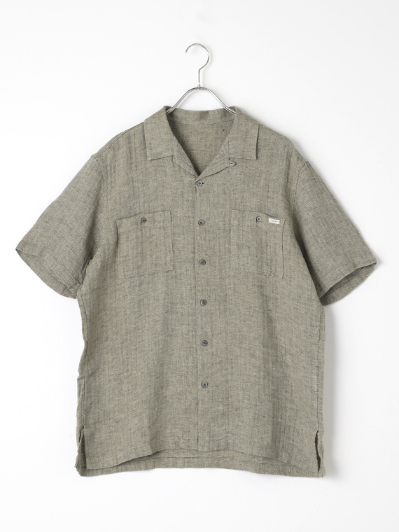 【SALE】リネンヘリンボーンシャンブレー 開衿半袖シャツ