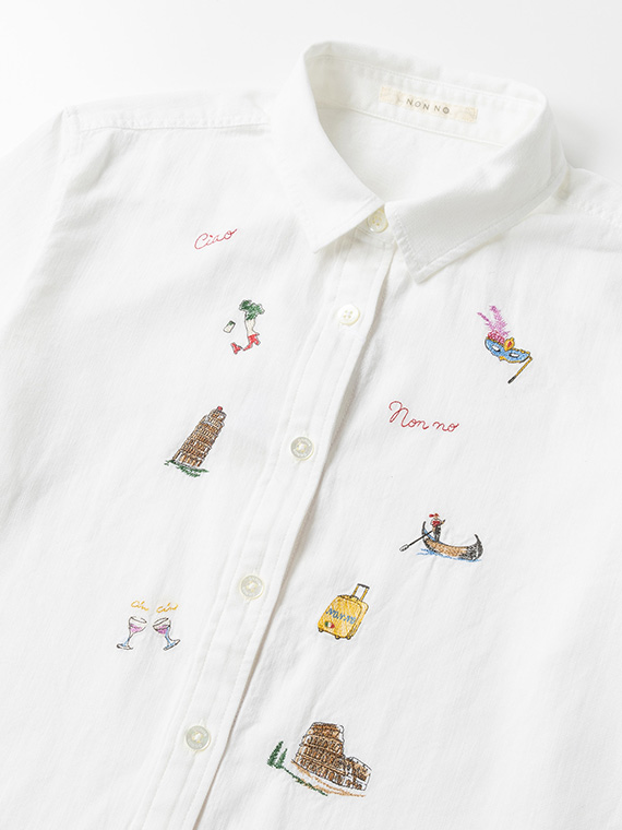 コットンツイルセルビッチ 飛び柄刺繍入りダンガリーシャツ