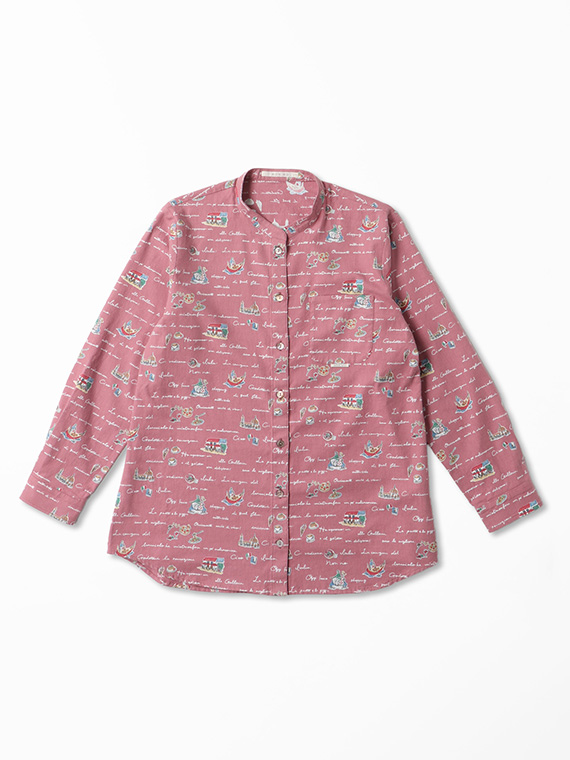 ピクチャーダイアリー柄バンドカラーチュニックシャツ