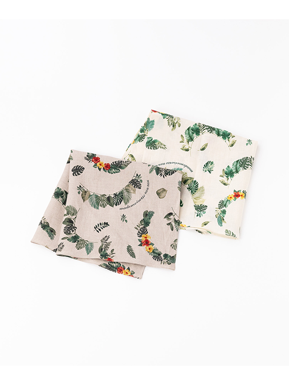 リネンプリント ボタニカルハーフレイ柄ハンカチ