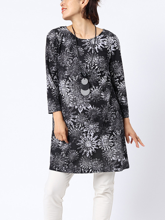 梨地 プレ―ディング × スノークリスタル プリント チュニック