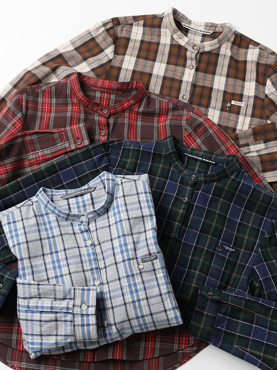 コットンツイル バンドカラーチェックシャツ