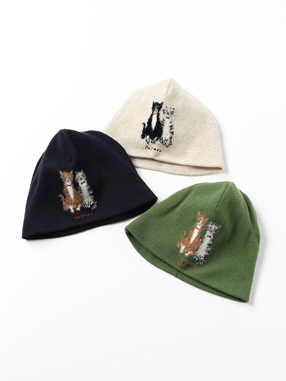 ウールニットインターシャ7G ネコ柄 ニットキャップ