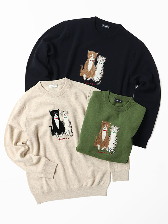 ウールニットインターシャ7G ネコ柄 クルーネックセーター