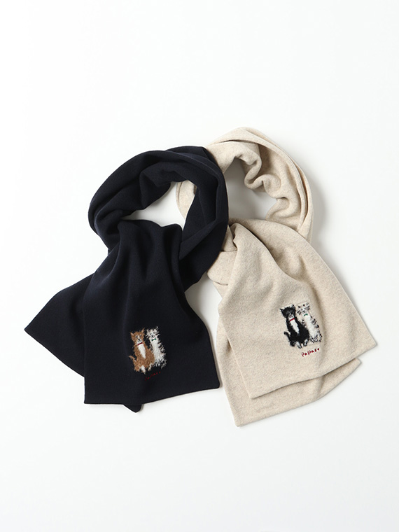 ウールニットインターシャ7G ネコ柄 マフラー