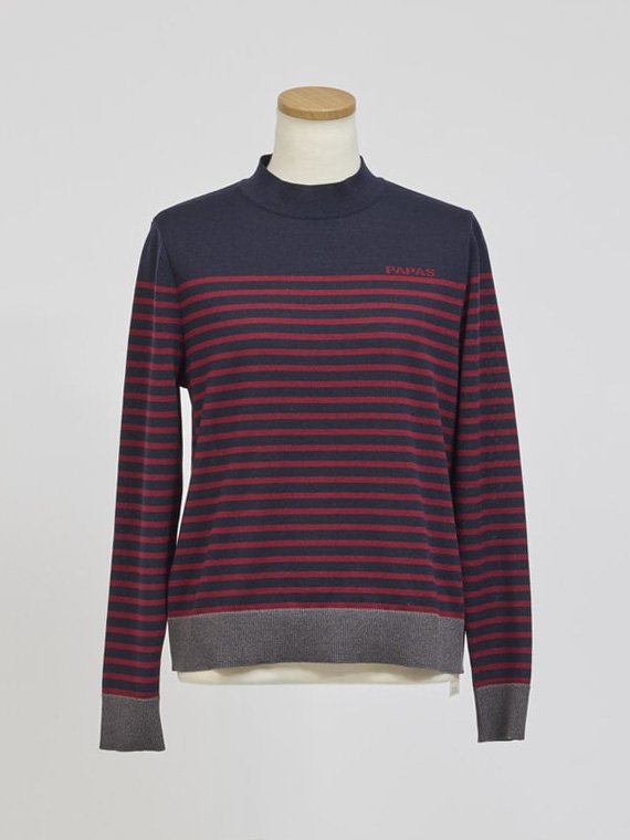 【レディース】ウォッシャブルウール天竺ボーダー16G モックネックニット