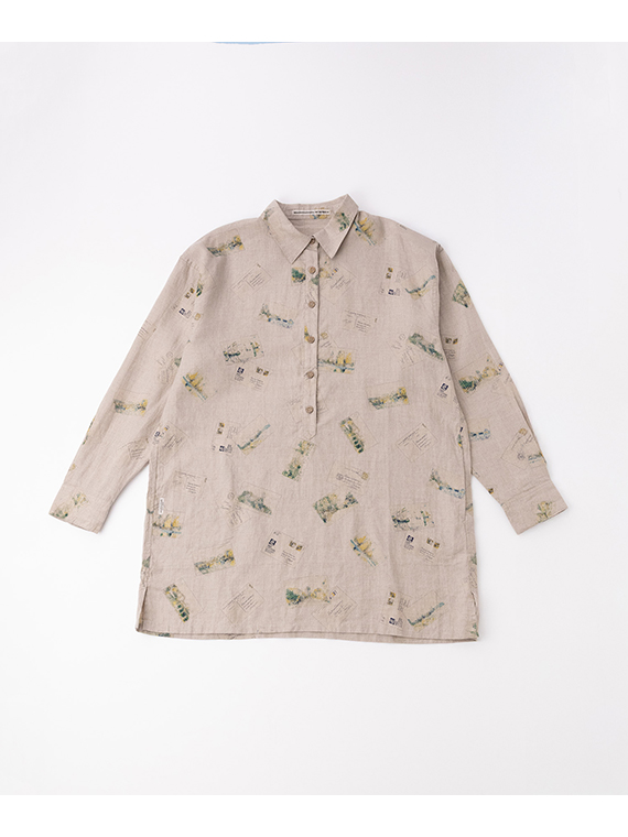 リネンプリント ポストカード柄プルオーバー型チュニック