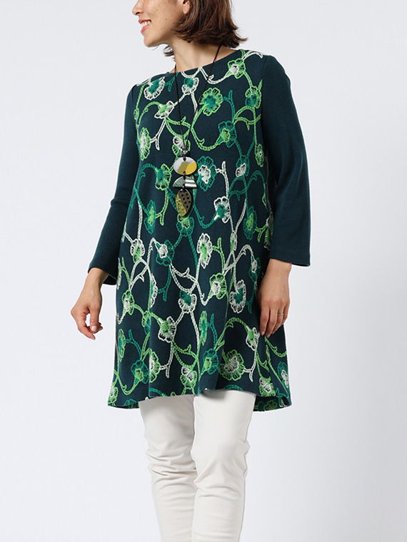 ウール混 スムース × フラワー 刺繍 チュニック