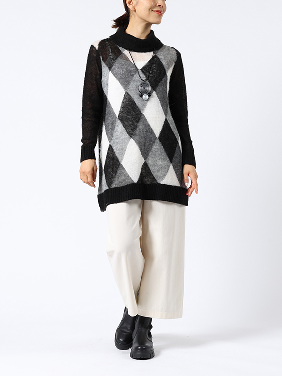 シアー ニット ダイヤ柄 オフタートル チュニック
