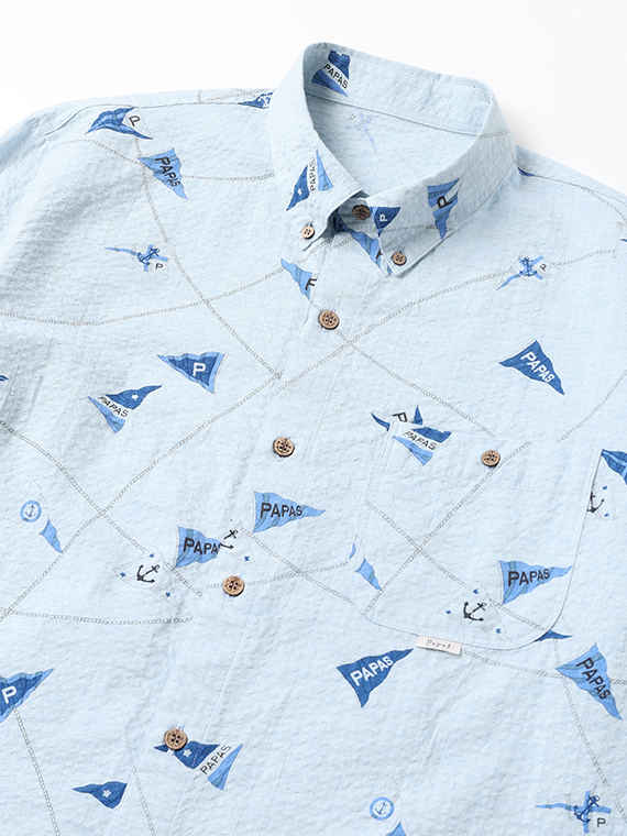 コットンサッカープリント マリン柄 ボタンダウン長袖シャツ