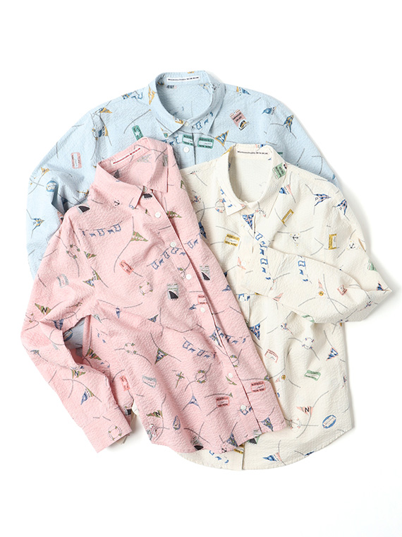 オーガニックコットンサッカー マリンモチーフプリントシャツ