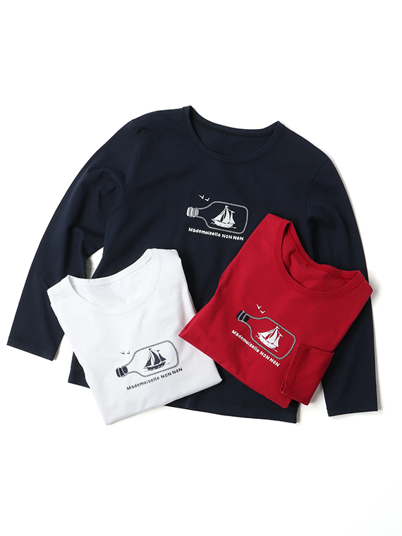 ボトルシッププリント＆刺繍入りTシャツ