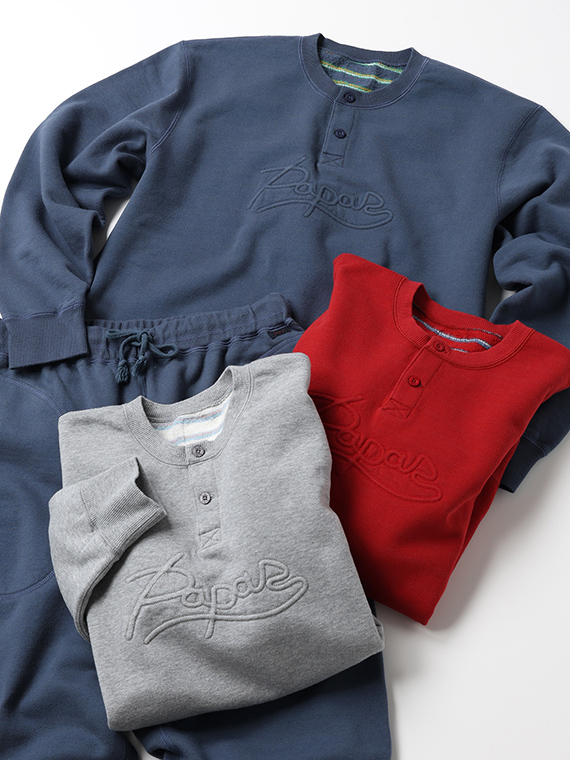 裏起毛ボーダー ヘンリーネックトレーナー