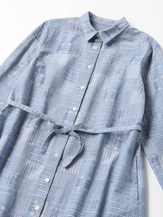 コットンダンガリージャガード 同色パッチワーク柄シャツワンピース