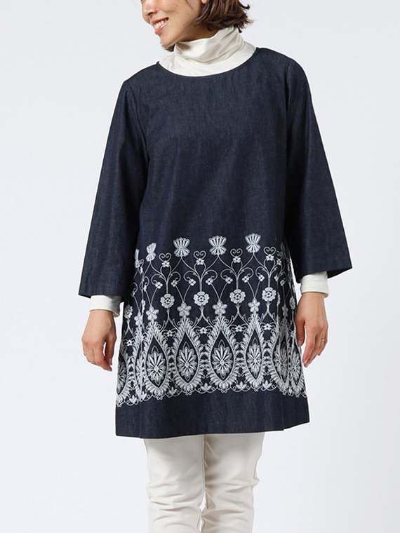 5.5オンス デニム レース刺繍 チュニック