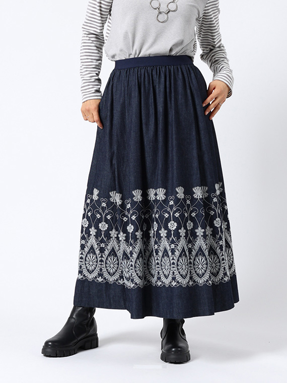 5.5オンス デニム レース刺繍 スカート